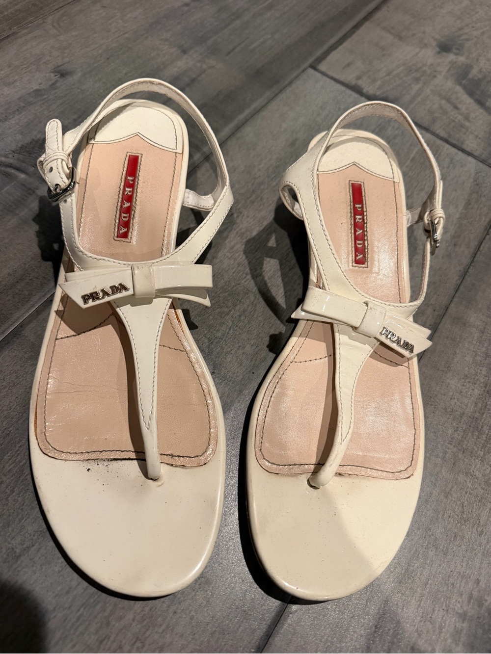 Prada Cream Leather Bow T-Strap Sandals
